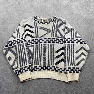 VTG Gabrielle Men's Knit Acrylic Sweater Size Large White Black Abstract